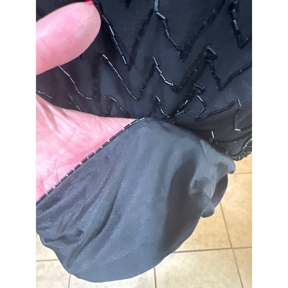 Vintage Sequin Peacock Feather Top Black Silk Blouse By Tenay Heavily Beaded - Picture 11 of 12